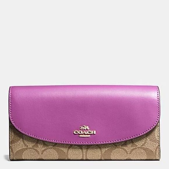 Coach Slim Envelope Wallet in Signature F54022 Gold Khaki Hyacinth - Picture 1 of 14